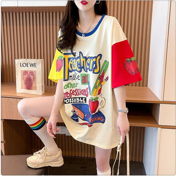 大注目 ドロップショルダー 落書き カラーマッチング プリントTシャツ ゆったり半袖 ＜S-3010＞