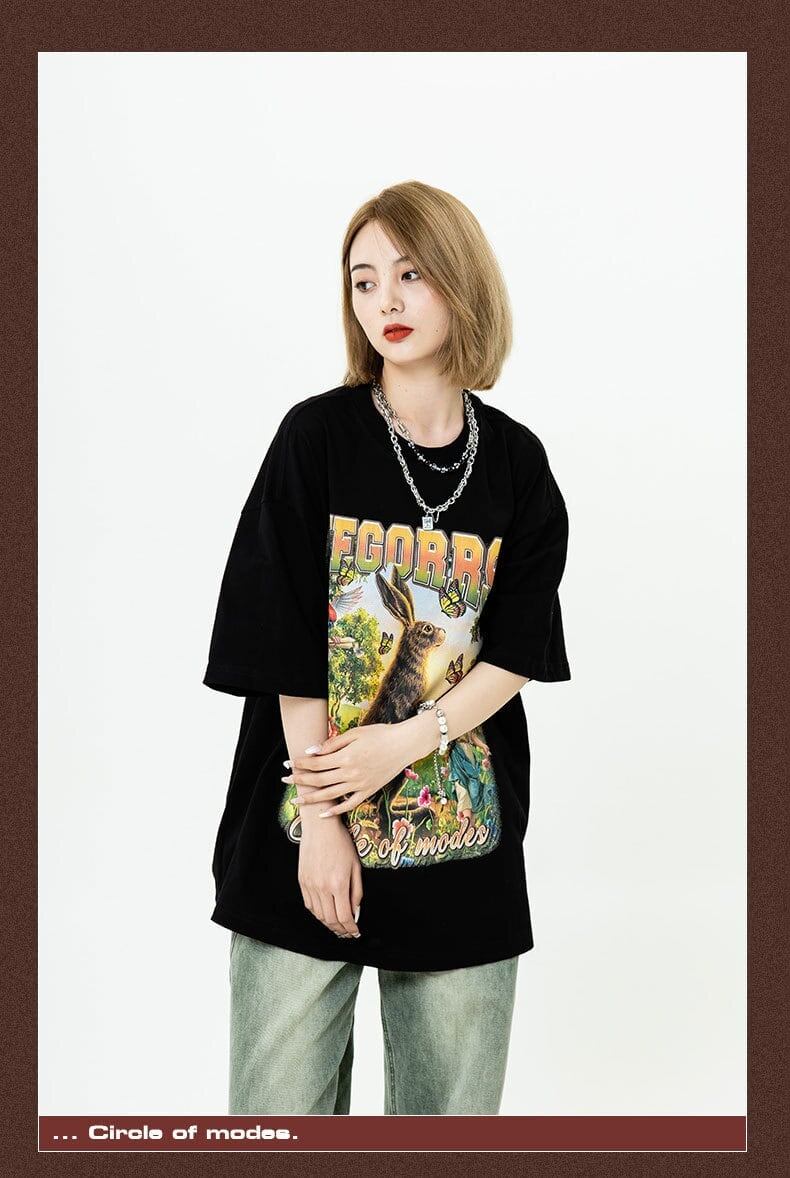 アメリカンレトロ絵画ウサギ半袖Tシャツカップル男女同スタイル<S-2910>