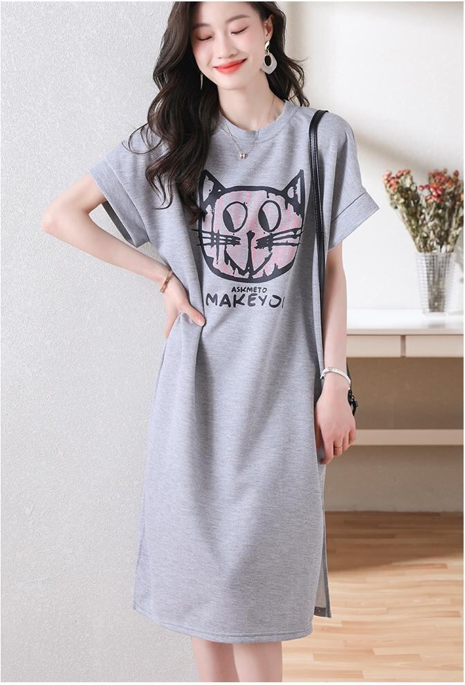新しいカジュアルな猫プリント シャツ T ドレス<S-5037>