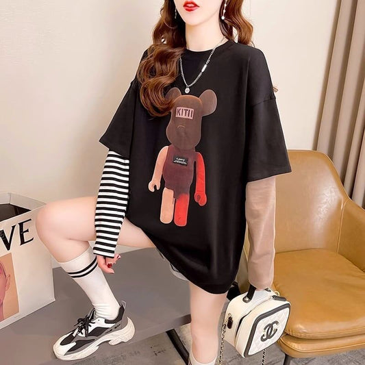 可愛いクマちゃんプリント レイヤード風 ストライプ柄 長袖Tシャツトップス＜S-4109＞