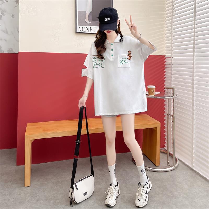 POLOネック ポケット ベアー レース ロング Tシャツ 三色 ゆったりワンピース＜S-3991＞