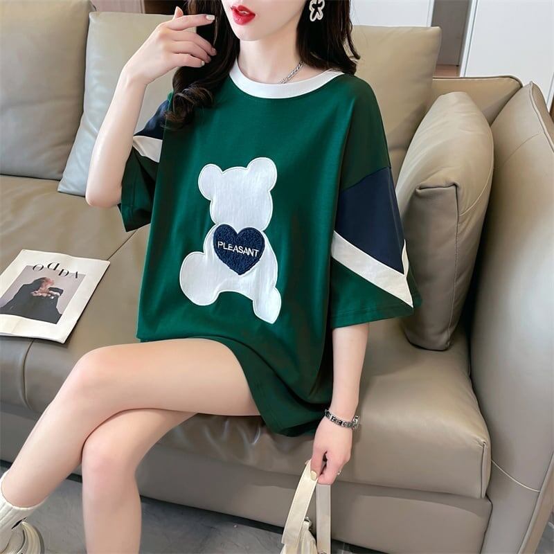 カジュアルルーズワッペン刺繍ステッチカラーブロック半袖Tシャツ<S-2870>