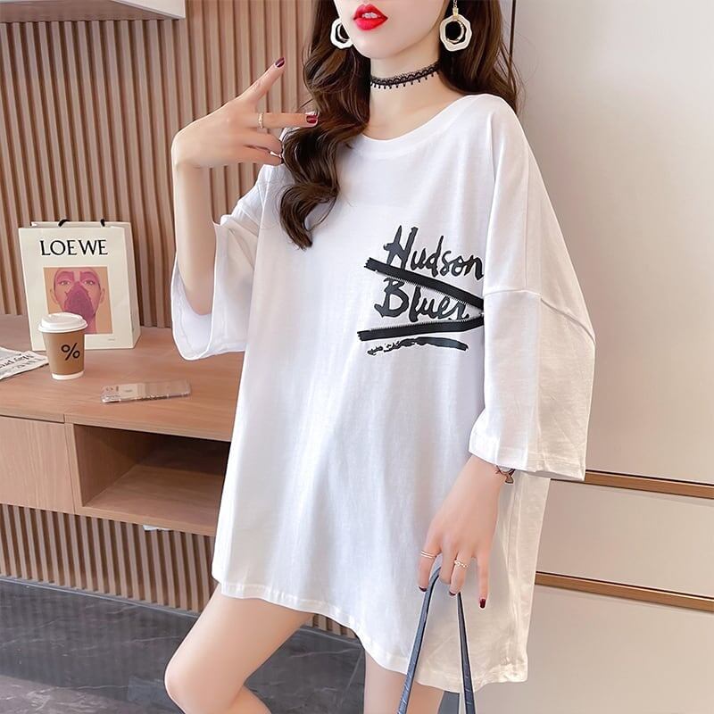 【人気商品再入荷！】   デザイン個性ゆったりミドル丈半袖Tシャツ<S-3036>