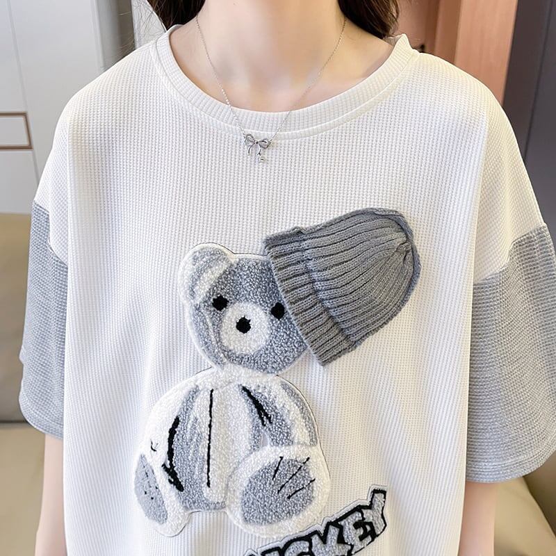 夏新作 カラーマッチング ベアー刺繍 ワッフル ロング Tシャツ ゆったり半袖 ＜S-2850＞