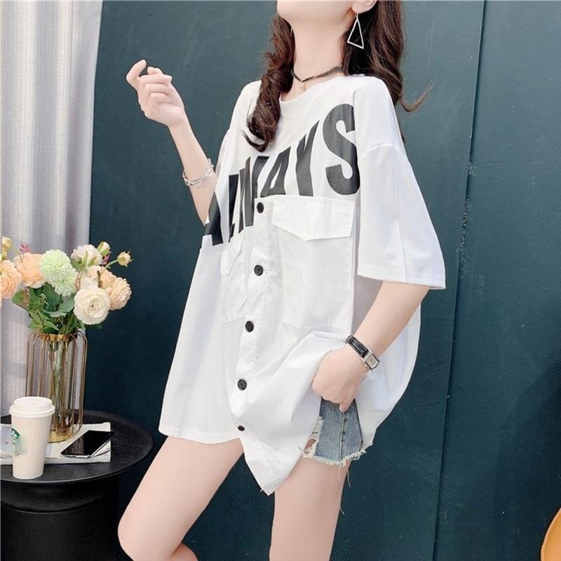 合わせやすい 切り替え デザイン感 プリント Tシャツ カットソー＜S-3637＞