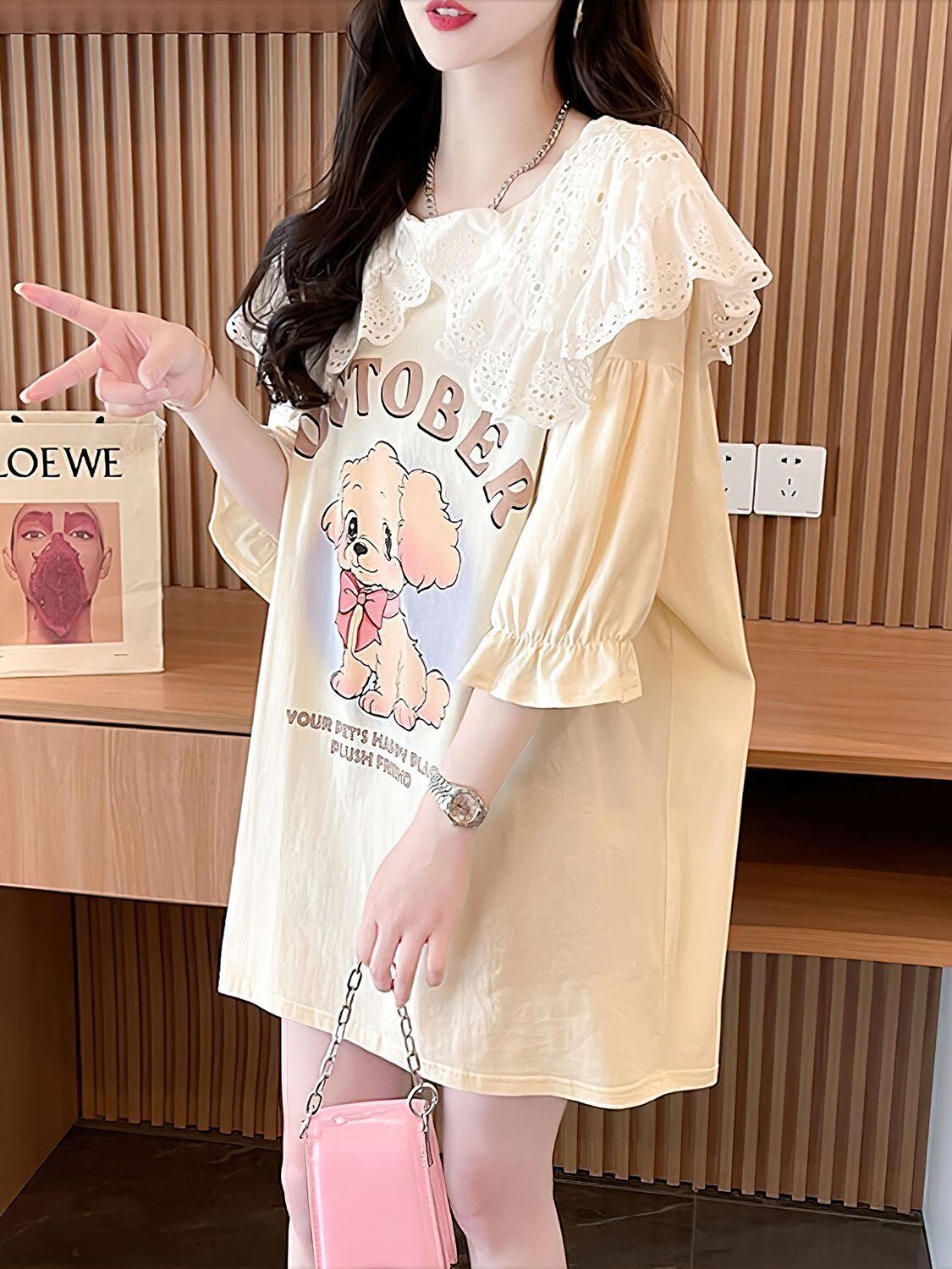 絶対流行 切り替え キュートプリント ゆったり 5分袖 Tシャツ＜S-8474＞