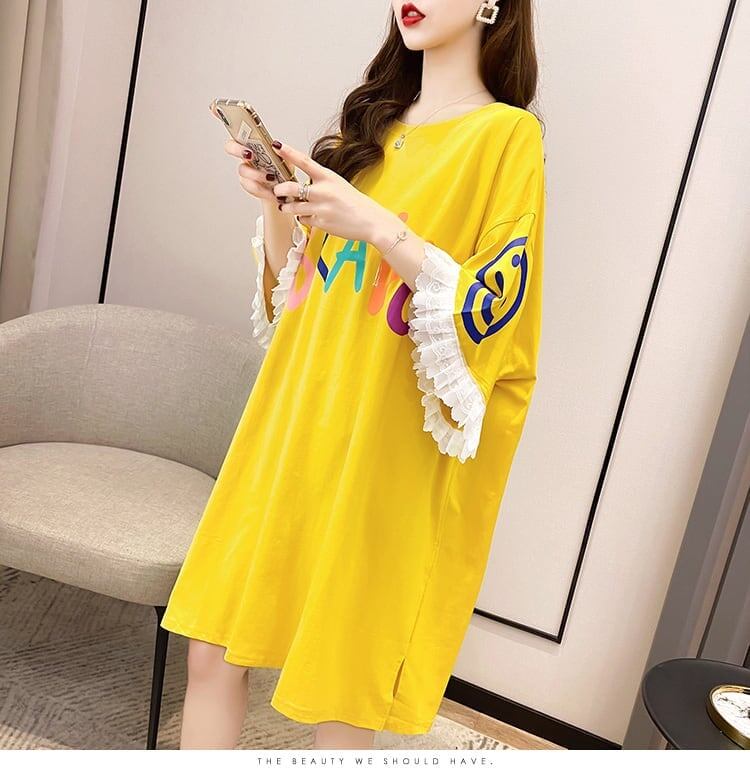 夏新作 アルファベット オーバーサイズ フリル プリントTシャツ 三色 ゆったり半袖＜S-3009＞