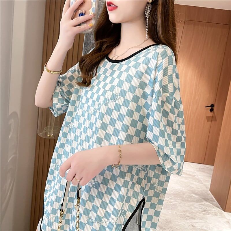 好感度満載 ラウンドネック 女性力を高める チェック柄 Tシャツ カットソー＜S-2985＞