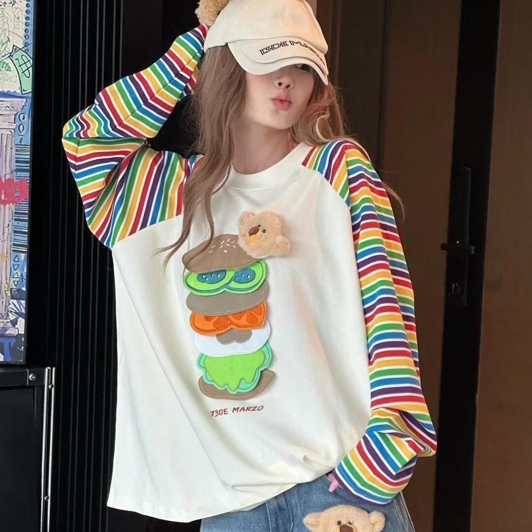 都市ファッショ デザイン オシャレ 大人可愛い 着心地良い プリント ストライプ柄 半袖Tシャツ<S-9332>