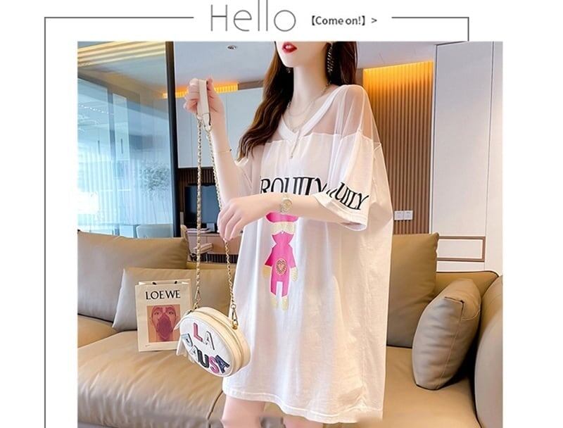 売り切れ必至 Vネック セクシー 切り替え チュール プリントTシャツ ゆったりワンピース ＜S-3050＞