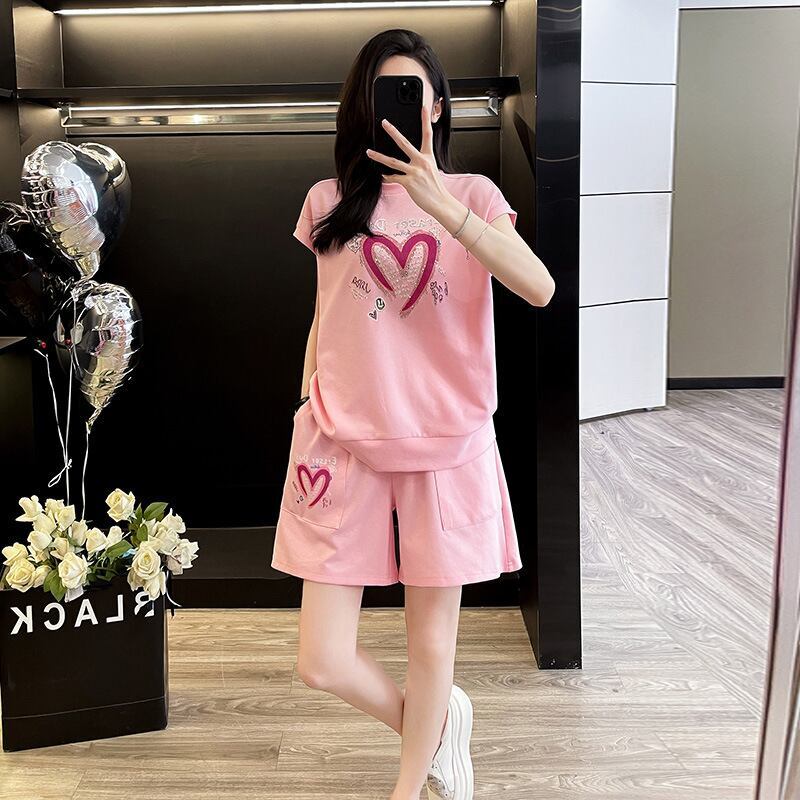 超人気 ホットダイヤモンド カジュアル プリント 半袖Tシャツ ショートパンツ セットアップ ＜S-9215＞