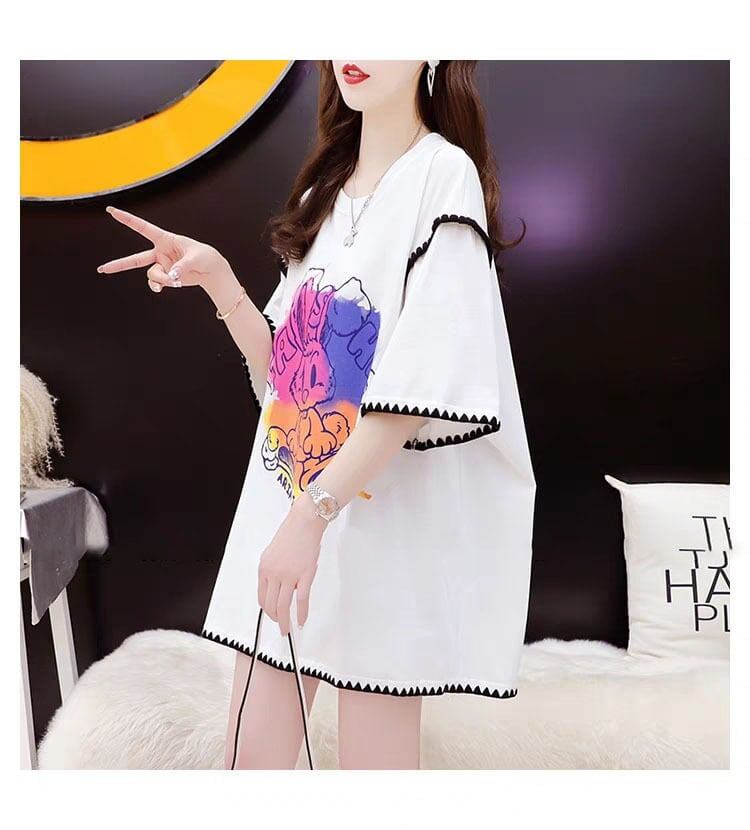 韓国系 ロング プリント Tシャツ 三色 ゆったり半袖 ＜S-2841＞