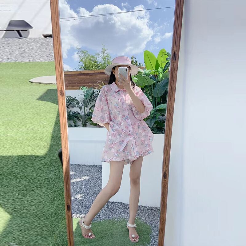 新商品 花柄 大人可愛い シャツ＋ショートパンツ セットアップ＜S-9001＞