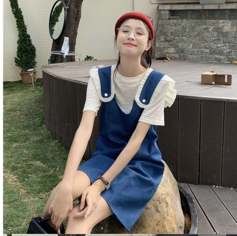 美人度アップ デニム 大人可愛い 全2色 半袖Tシャツ+サスペンダースカート セット<S-8782>