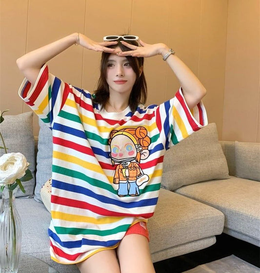 売り切れ必至 トレンドアイテム 存在感抜群 ストライプ柄 半袖Tシャツ<S-9270>