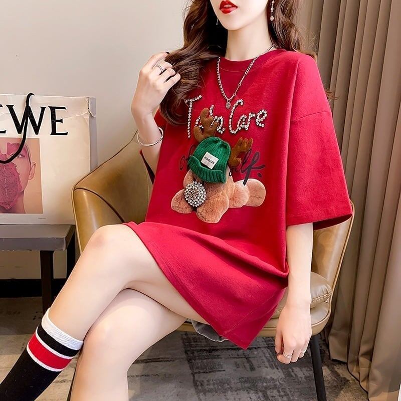 大活躍 ロング ビジューロゴ Tシャツ ゆったり 半袖 三色＜S-2922＞