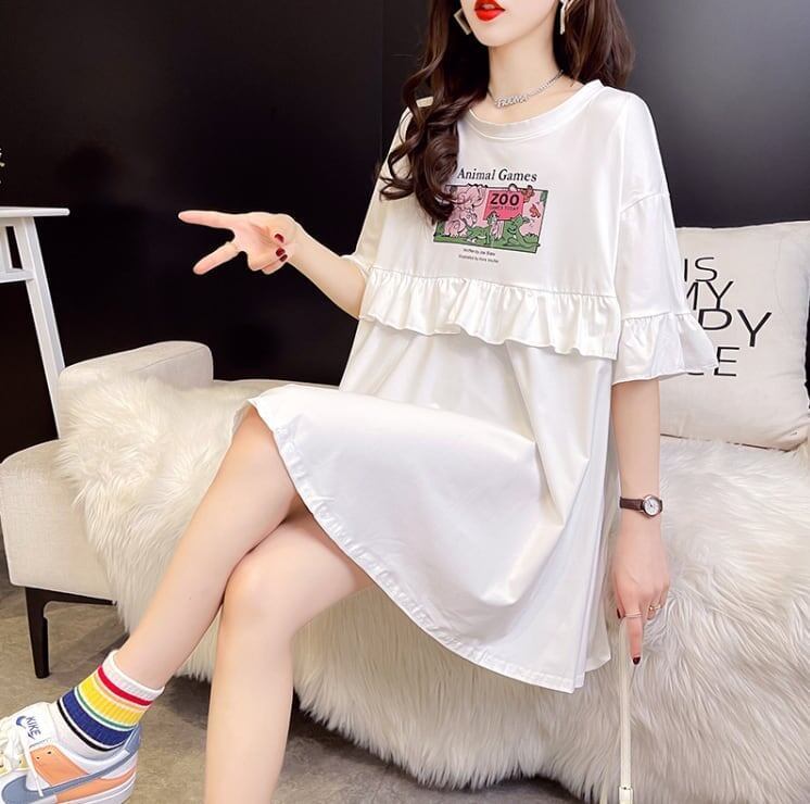 ミドル丈のイレギュラー半袖Tシャツワンピース<S-5007>