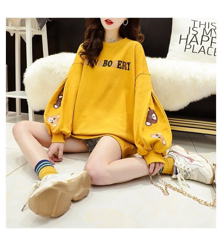 【半額！期間限定！！】韓国風ルーズラウンドネックミドル丈ファッション怠惰なトップス<S-5067>