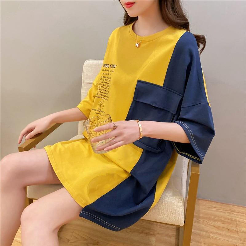 韓国系配色切り替えロングゆったり三色半袖Tシャツ＜S-1625＞