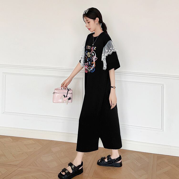 おすすめ レース ファッション 切り替え プリント Tシャツ カットソー ワンピース＜S-8535＞