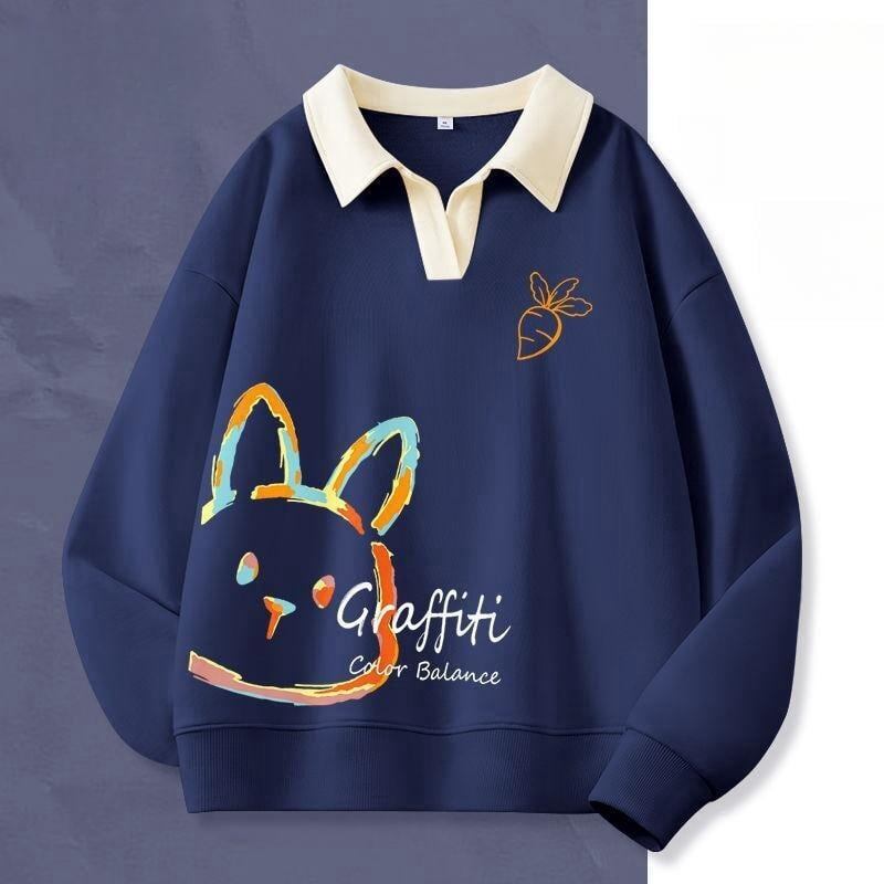 大人可愛いウサギちゃんロゴポロネック裏起毛スウェット全6色<S-4507>