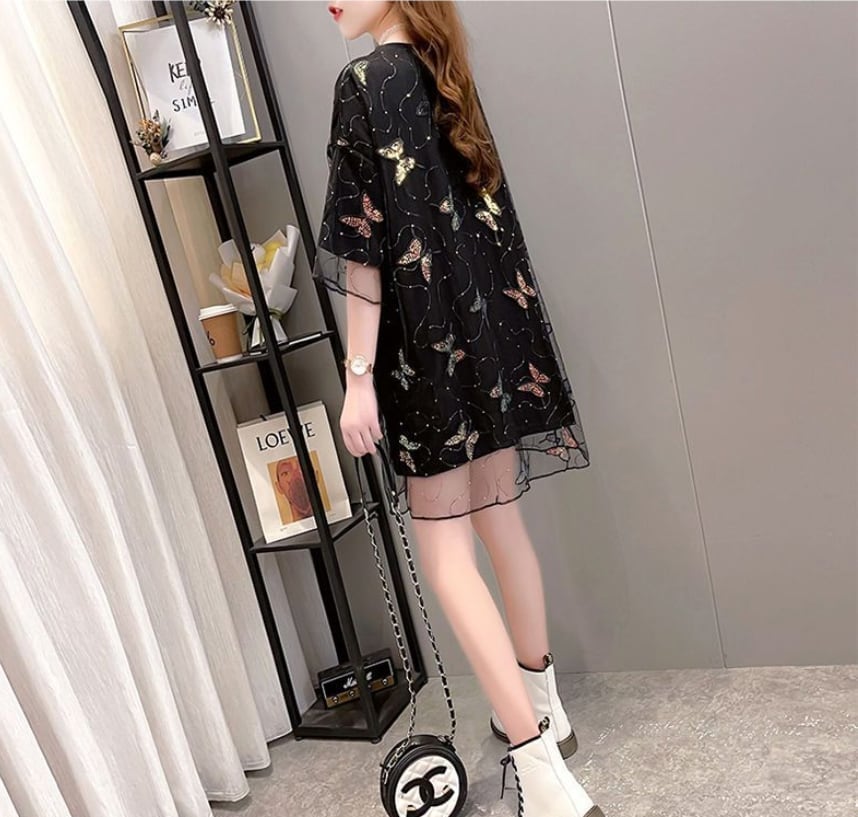 上質 レイヤード風 フェミニン チュール生地 半袖Tシャツ<S-8061>