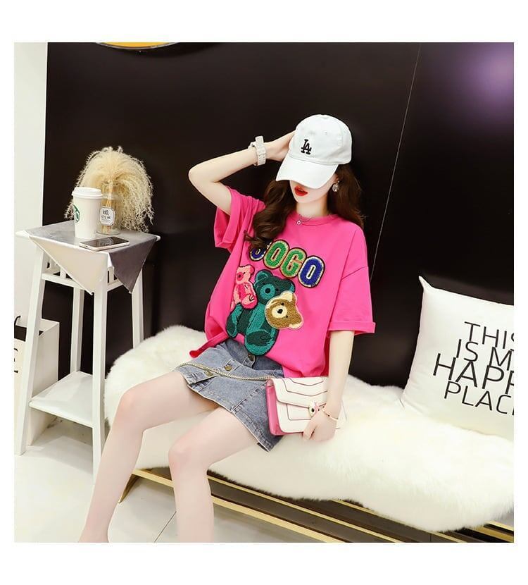 重工業スパンコール外国風おしゃれ植毛刺繍クマ半袖Tシャツ<S-2911>