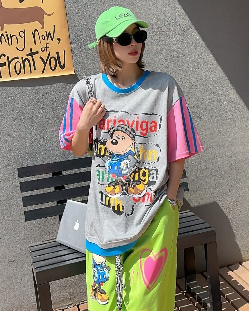 話題沸騰中 ゆったり カジュアル プリント カラーマッチング 半袖Tシャツ＜S-8067＞
