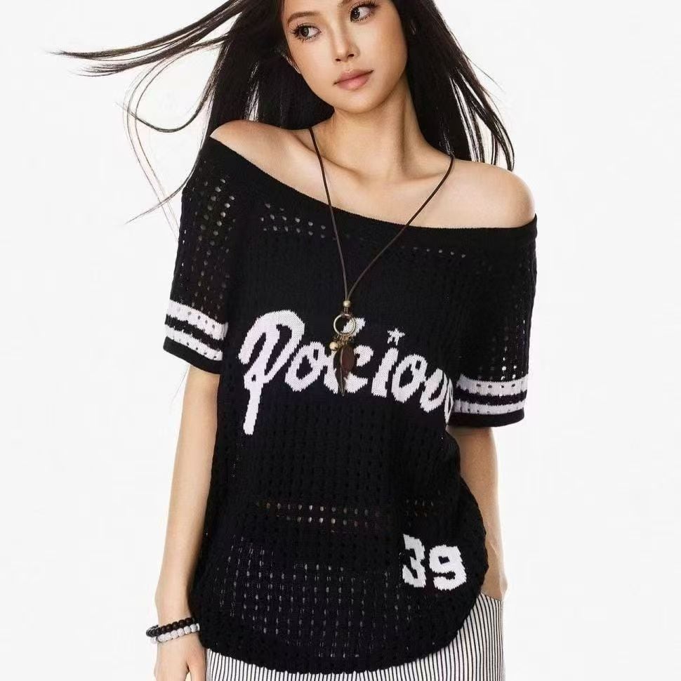 透かし編み オフショルダー 人気 半袖 Tシャツ <S-13184>