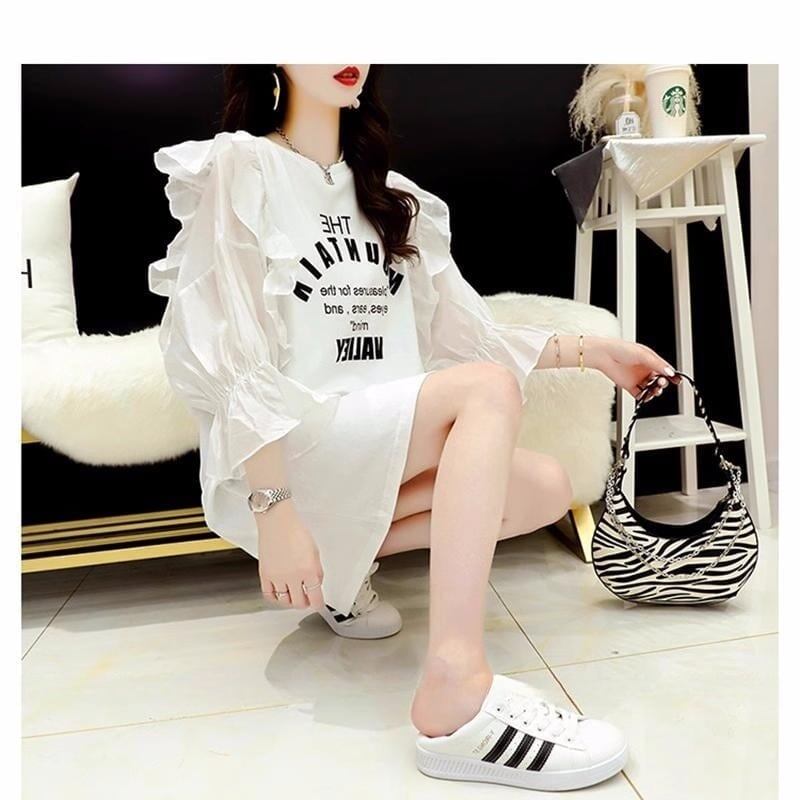女子力アップ アルファベット パフスリーブ プリント ロングTシャツ ゆったりワンピース ＜S-3054＞