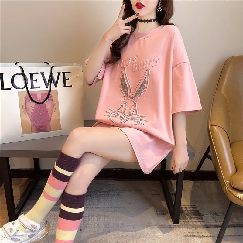 美人度アップ ウサギ ビジュー ロング Tシャツ 三色 ゆったり半袖＜S-2945＞