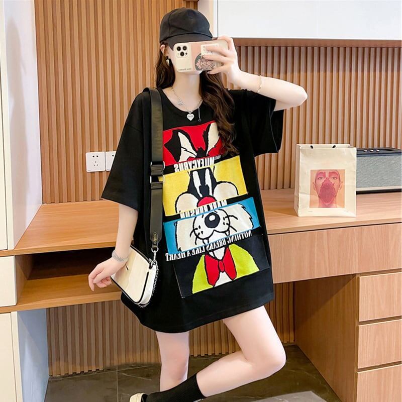 清純甘くて女子力UP ラウンドネック 一目惚れ カートゥーンプリント Tシャツ＜S-2817＞