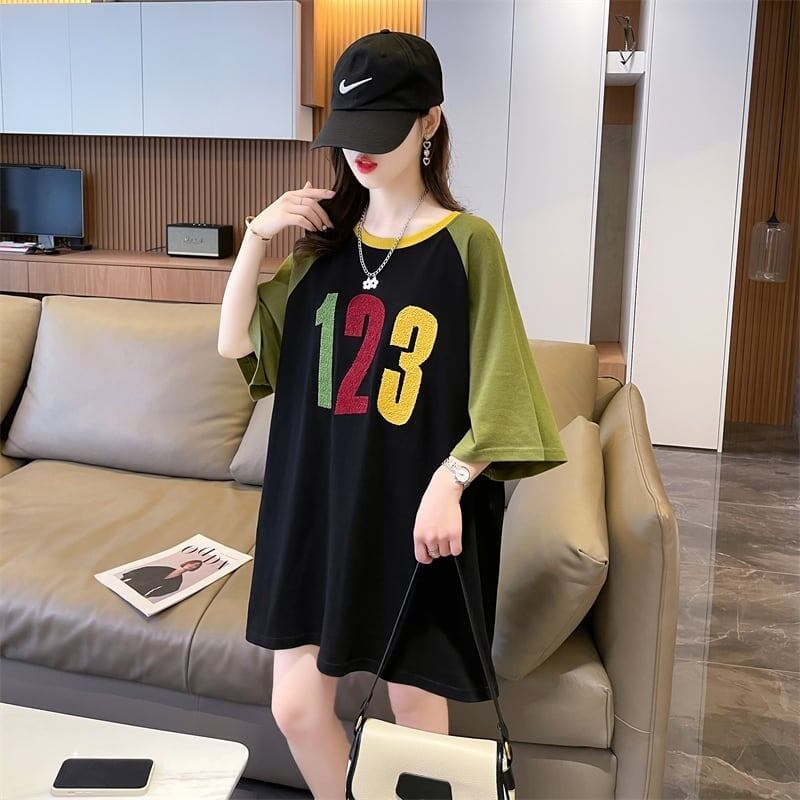 絶対欲しい カラーマッチング 数字刺 ロング Tシャツ ゆったり 半袖 ＜S-2896＞