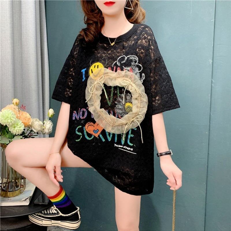 デザイン感 透かし彫り チャーミング プリント Tシャツ カットソー＜S-3199＞