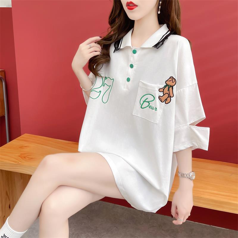 POLOネック ポケット ベアー レース ロング Tシャツ 三色 ゆったりワンピース＜S-3991＞