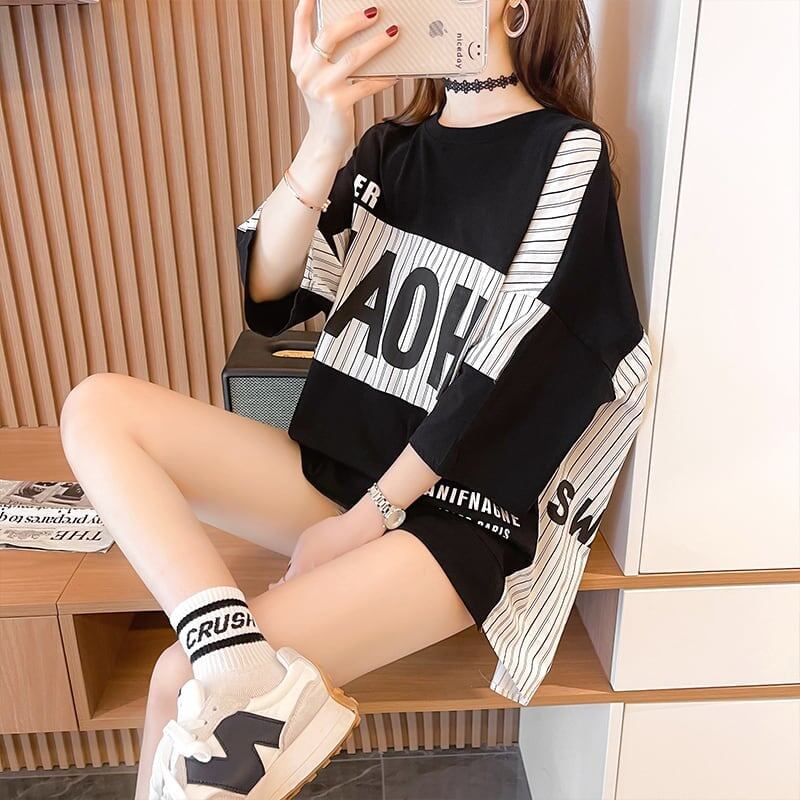 大好評 切り替え ストライプ柄 プリント ロング Tシャツ 三色 ゆったりワンピース ＜S-4012＞