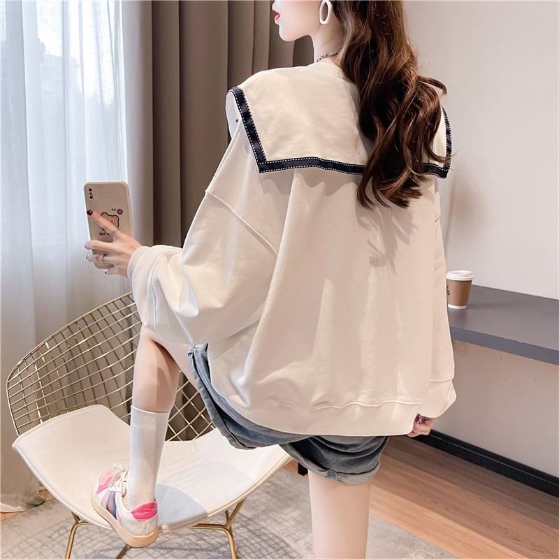 絶対欲しい グラフィックプリント セーラ服の襟 三色 長袖Tシャツトップス<S-4036>