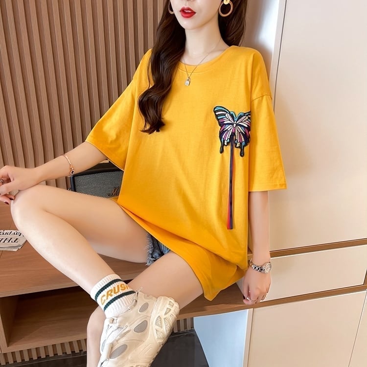 最新デザインセンス刺繍純綿ルーズ半袖Tシャツ<S-2949>