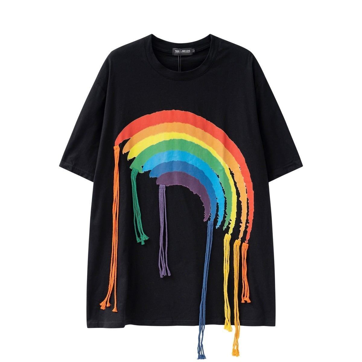 好感度UP 虹ロゴ タッセル ゆったり Tシャツ 全2色 ユニセックス半袖<S-4863>