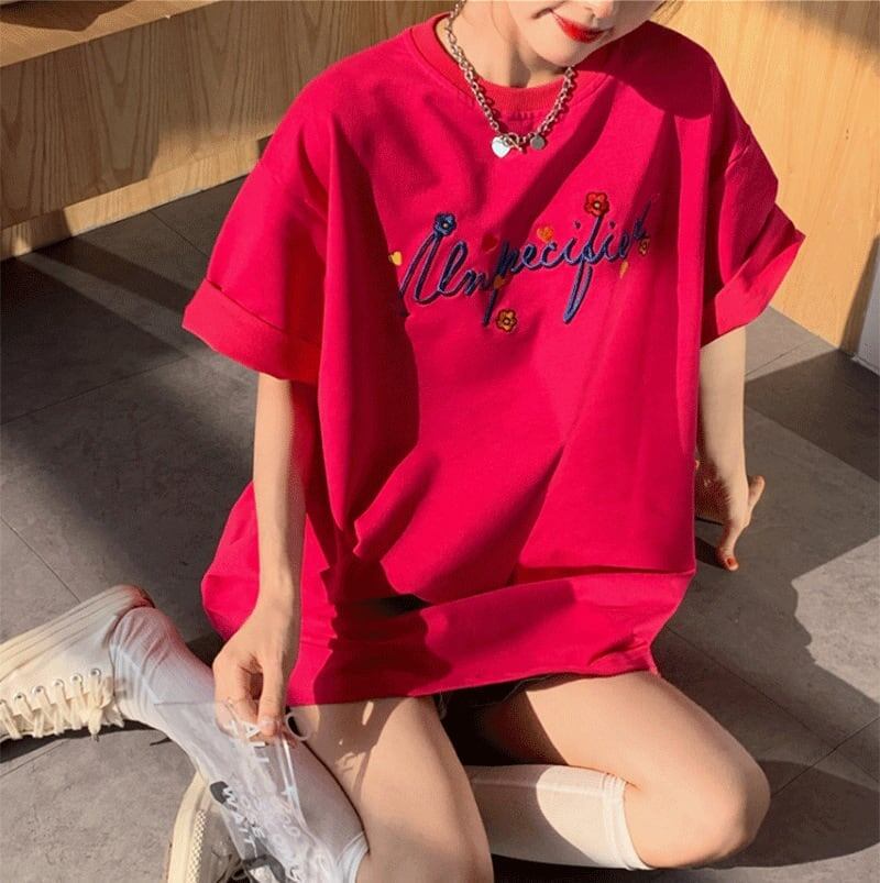 質感のいい アルファベット 刺?ロゴ Tシャツ ローズ ゆったり半袖＜S-2967＞