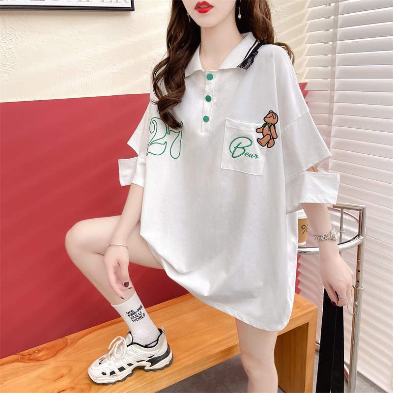POLOネック ポケット ベアー レース ロング Tシャツ 三色 ゆったりワンピース＜S-3991＞