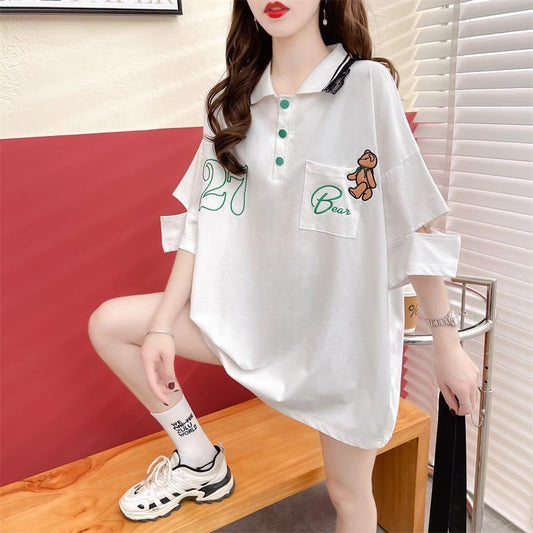 POLOネック ポケット ベアー レース ロング Tシャツ 三色 ゆったりワンピース＜S-3991＞