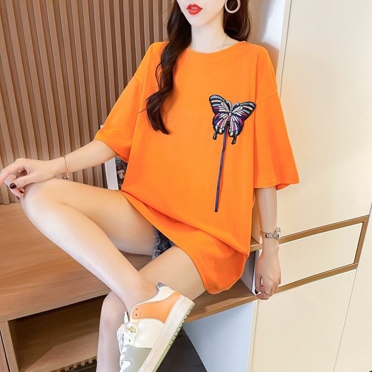 最新デザインセンス刺繍純綿ルーズ半袖Tシャツ<S-2949>