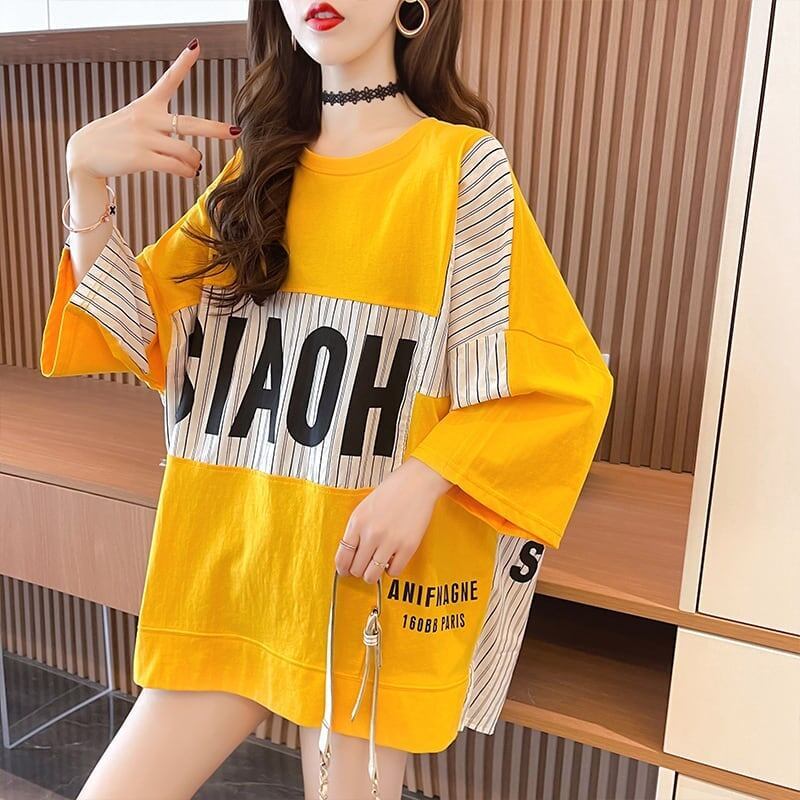 大好評 切り替え ストライプ柄 プリント ロング Tシャツ 三色 ゆったりワンピース ＜S-4012＞