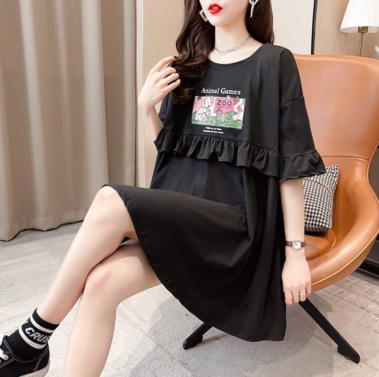 ミドル丈のイレギュラー半袖Tシャツワンピース<S-5007>