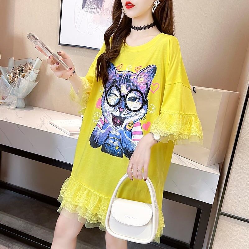 好感度満載 プリント 美感いっぱい Tシャツ カットソー ワンピース＜S-3428＞