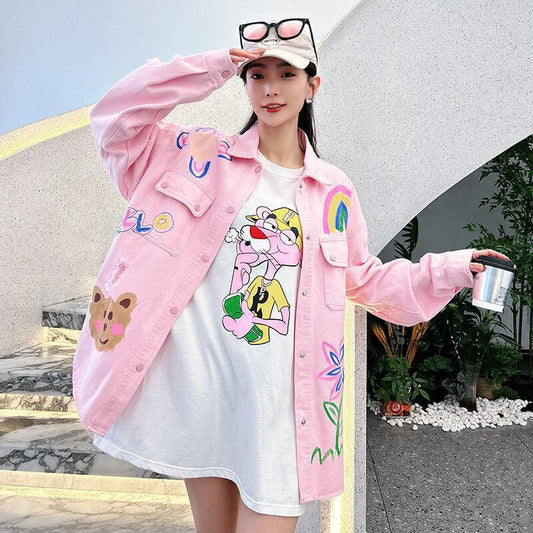 売り切れ必至 韓国風ファッション 上質 アバンギャルド プリント デニム Tシャツ ＜S-9479＞