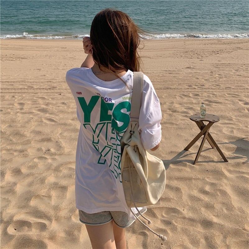 着心地良い プリント アルファベット ロング Tシャツ ゆったり半袖 ＜S-2851＞