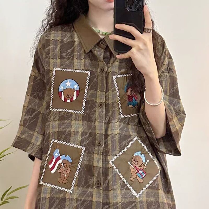 大活躍 刺繍 特別デザイン チェック柄 2色選択 半袖シャツ＜S-8881＞