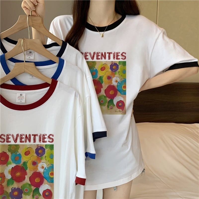 着?せ 配色 プリント ロング Tシャツ 四色 ゆったり半袖 ＜S-3019＞